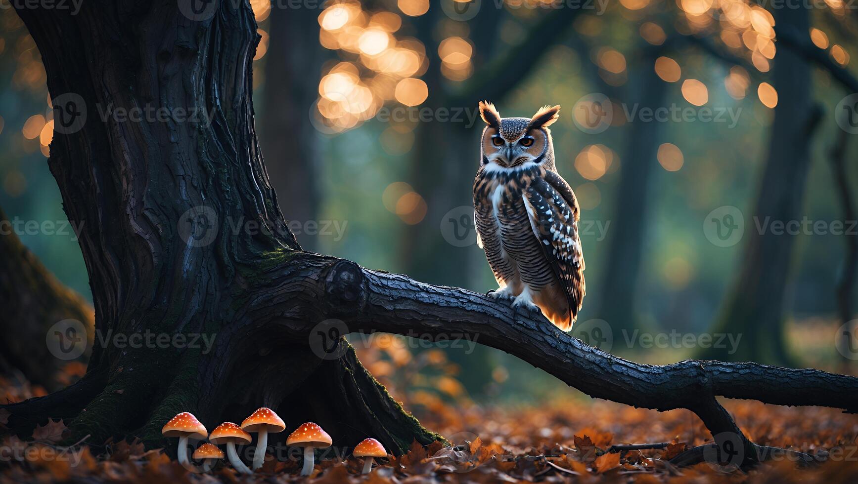 Owl Perched on Branch in Autumn Forest with Fly Agarics photo