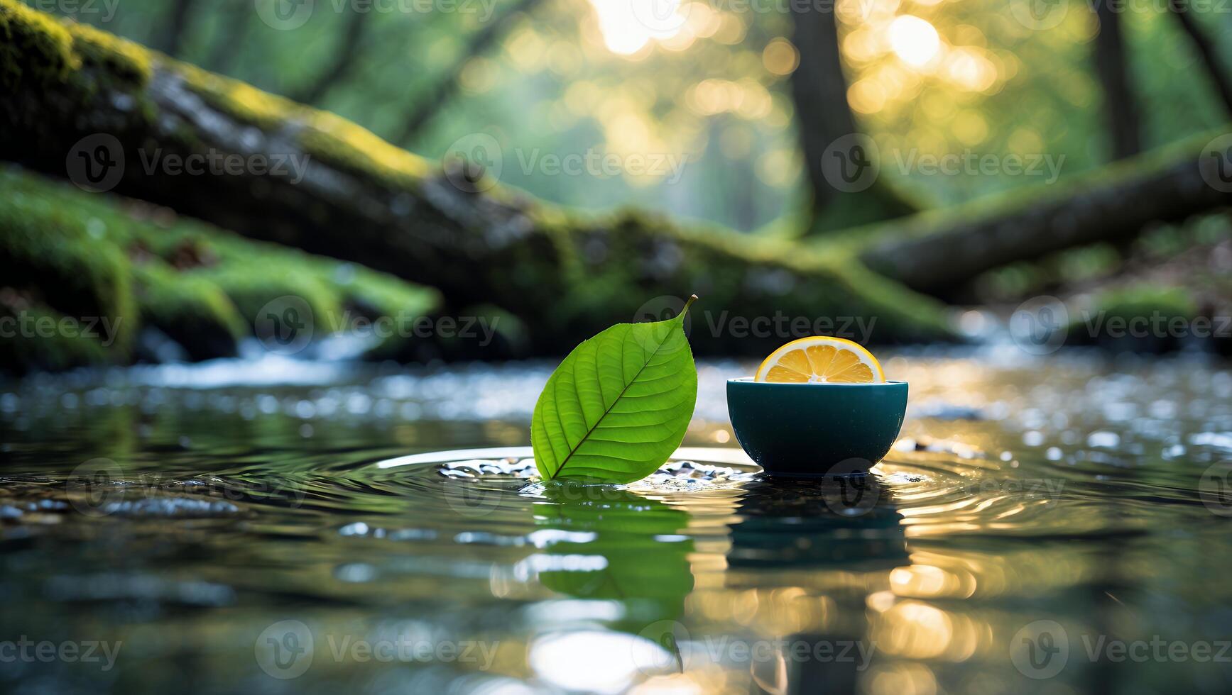 Leaf and Citrus Slice Floating in River with Sunlight Reflection photo