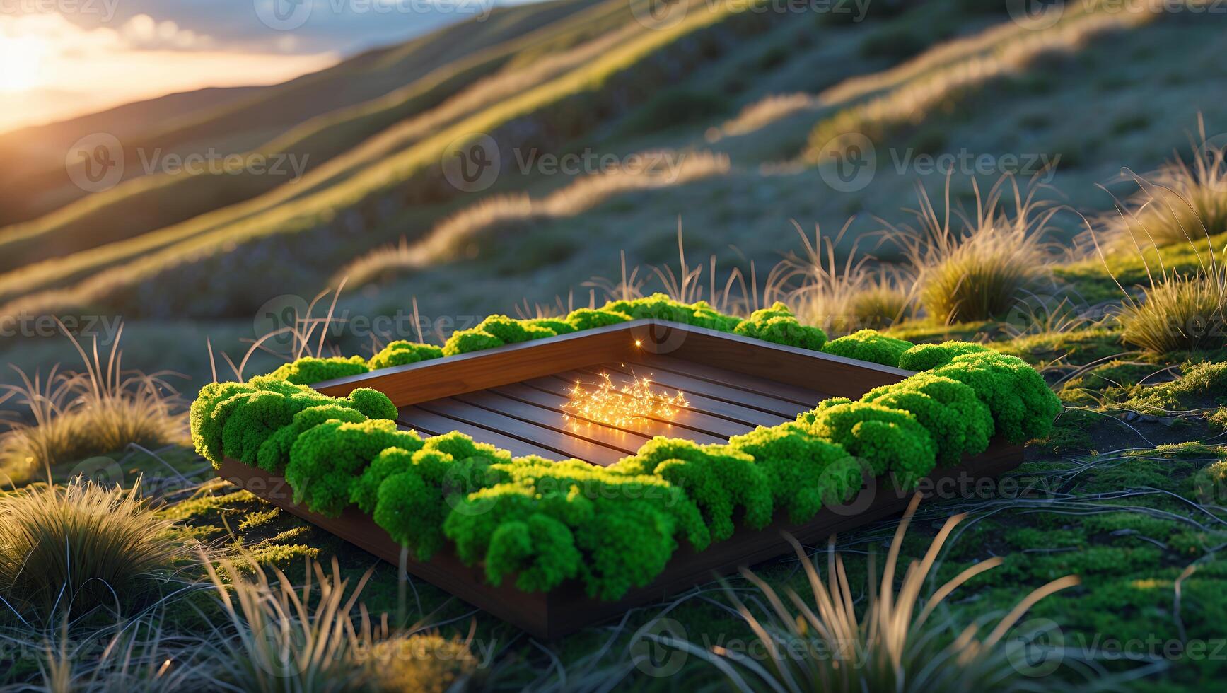 Elevated Wooden Platform with Moss in a Natural Mountain Setting photo