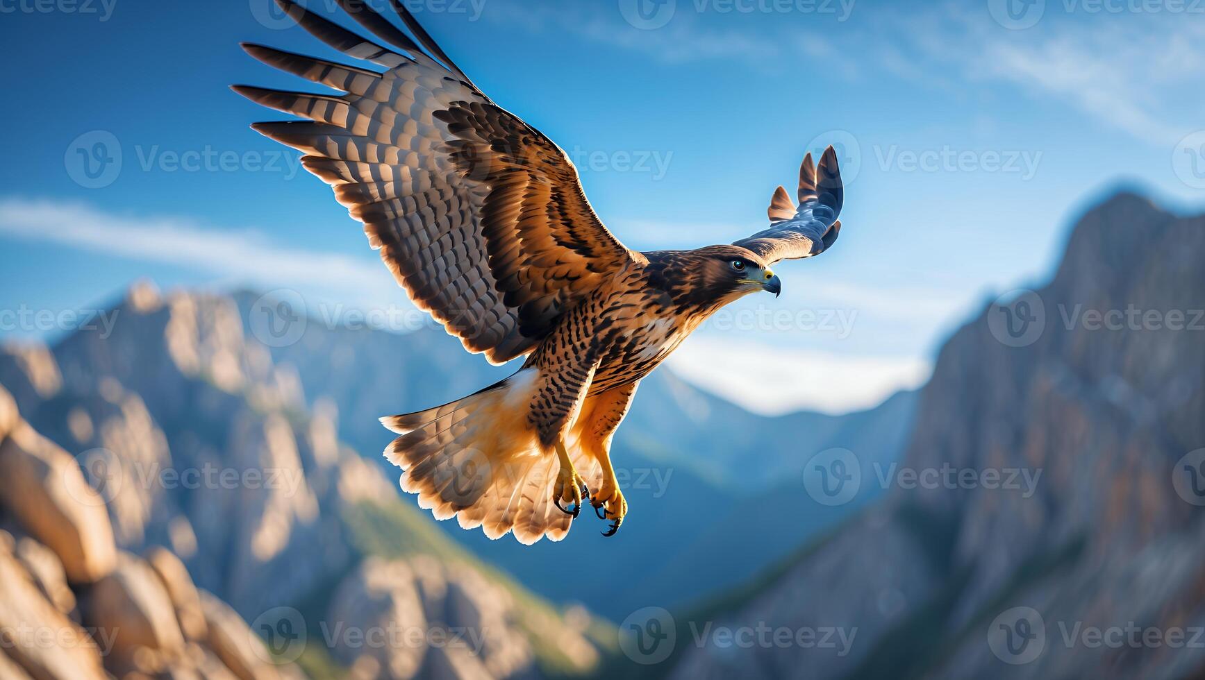 Soaring Hawk Gliding Through Mountain Scenery Under Clear Blue Sky photo