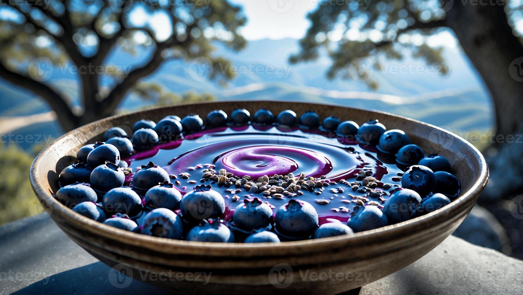 Bowl with Blueberry Smoothie and Chia Seeds Over Mountain View photo