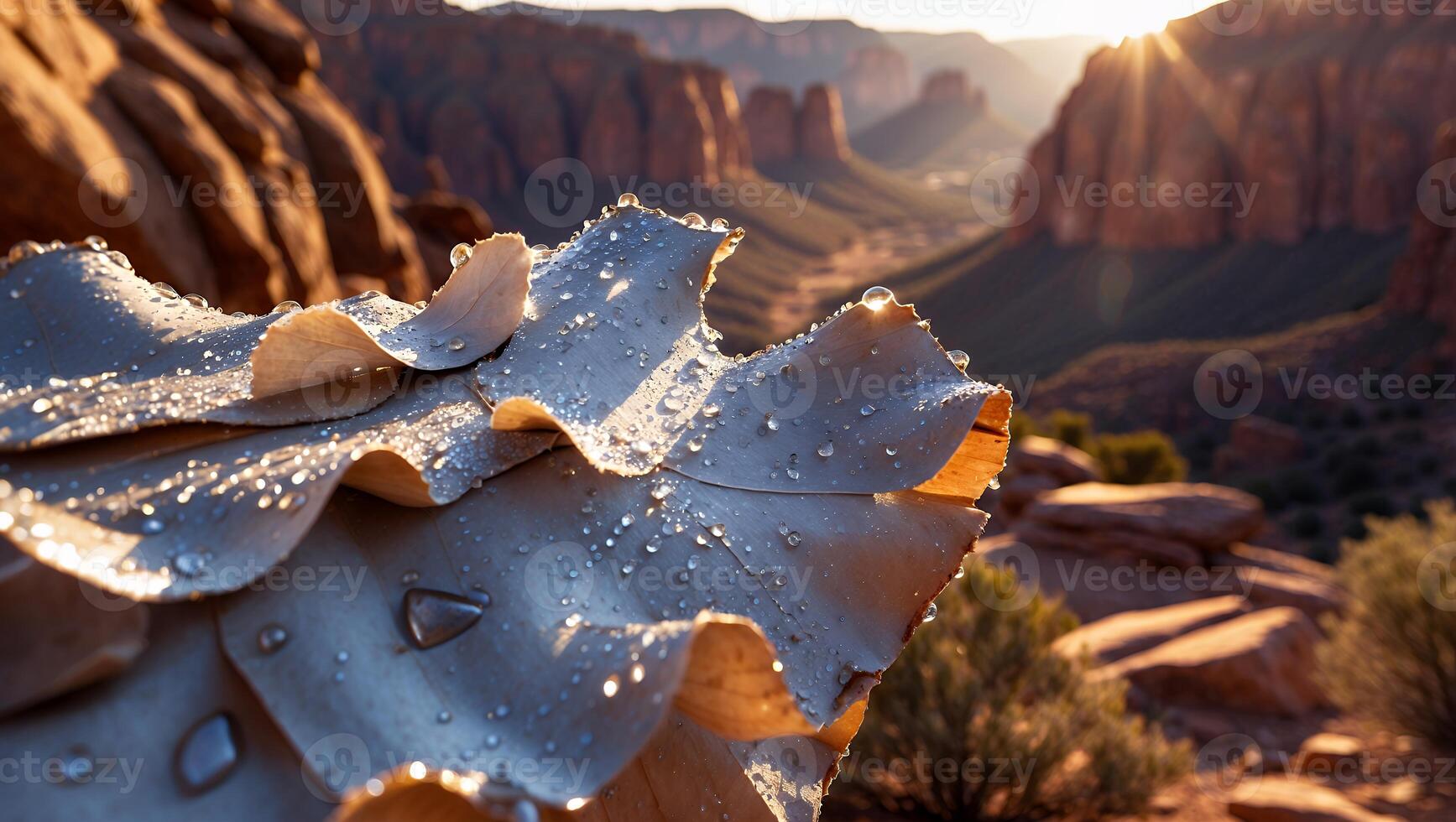 Dew Drops on Leaf Overlooking Canyon at Sunset in Desert Landscape photo