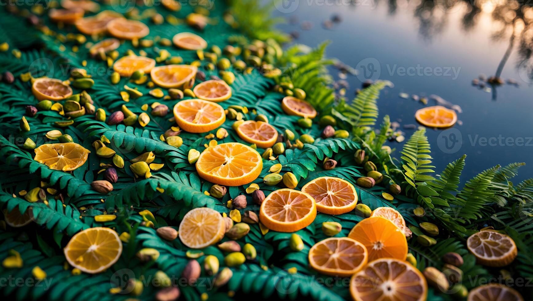 Arrangement of Orange Slices and Pistachios on Green Ferns by Water photo