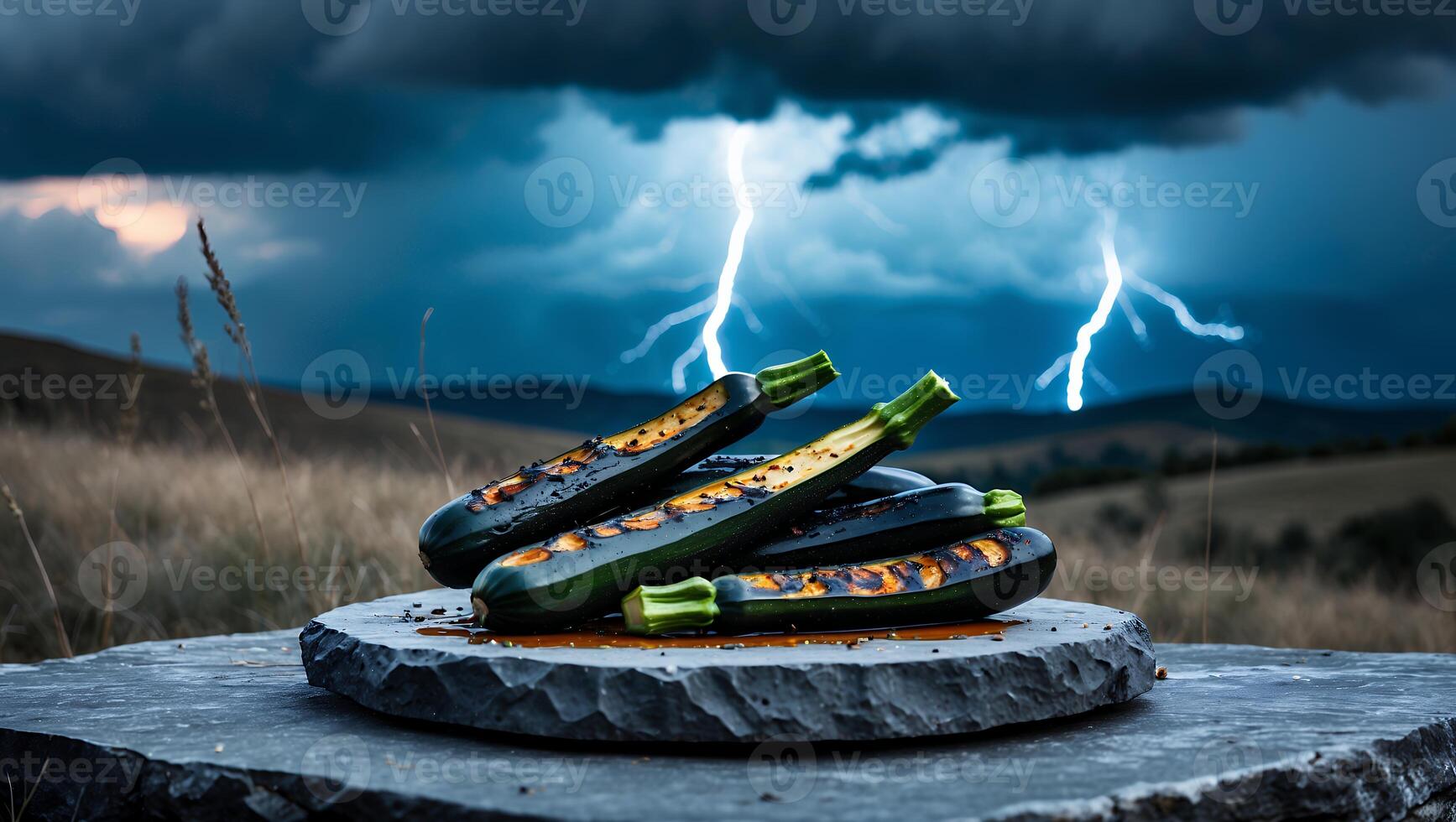 Grilled Zucchini on Stone Slab Under Dramatic Stormy Sky Landscape photo