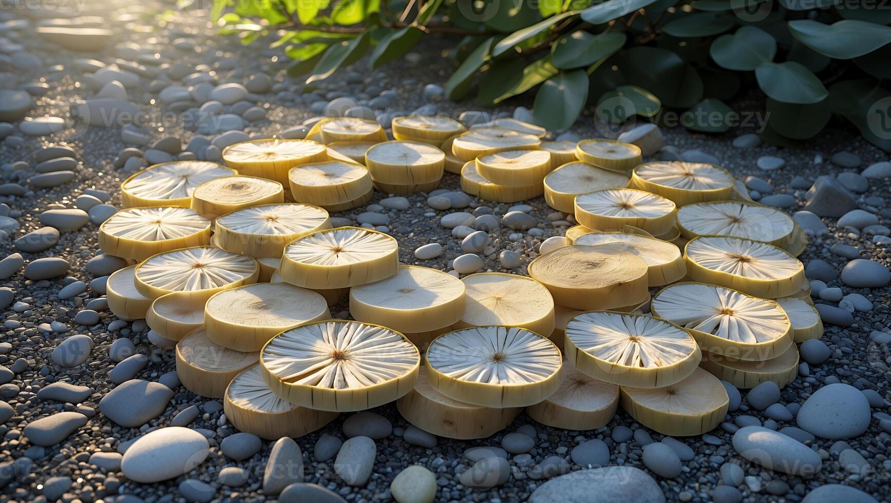Arranging Wood Slices on Pebbles with Sunlight, Green Leaves Nearby photo