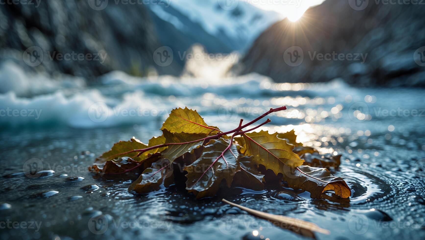 Leaves by Flowing River Water with Snowy Mountains and Sunlight photo