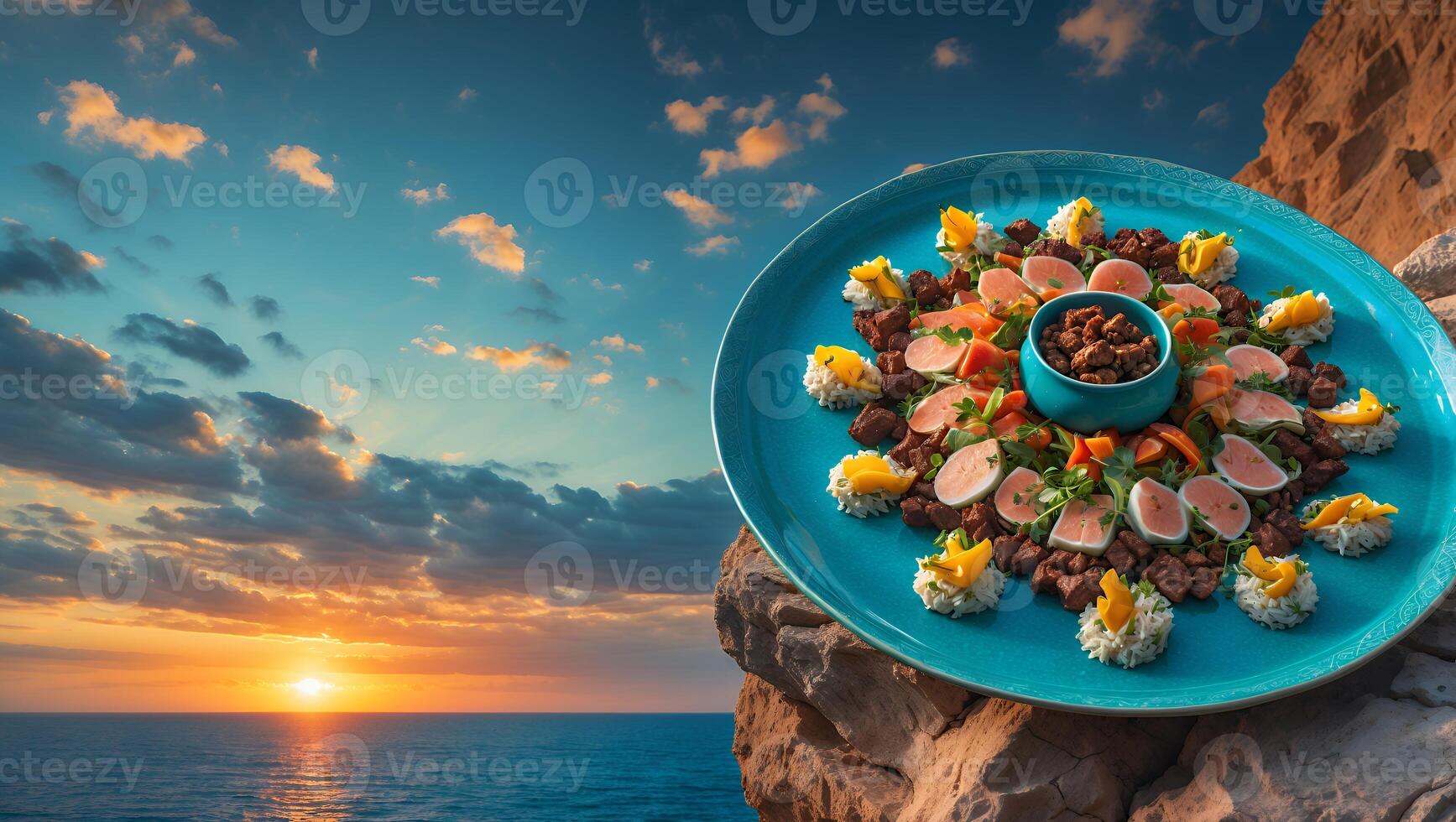 Arranged Appetizers on Blue Plate Near Ocean at Sunset Scenery photo
