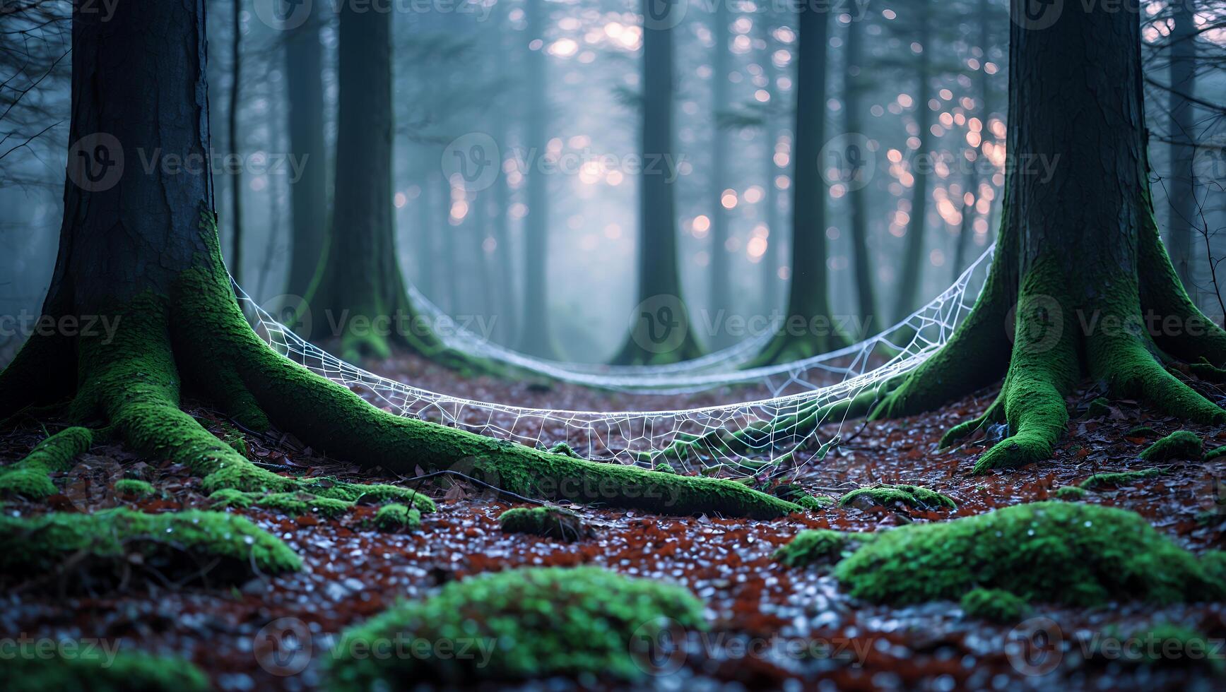 Spiderweb Connecting Trees in Forest with Fog and Mossy Ground photo