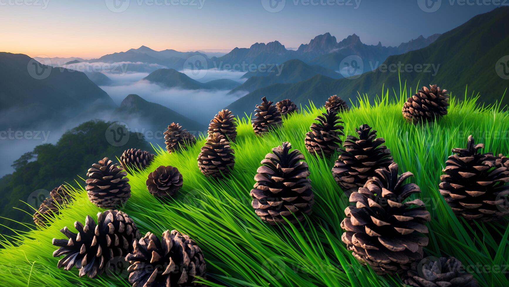 Pine Cones on Grassy Hillside Overlooking Misty Mountain Landscape photo