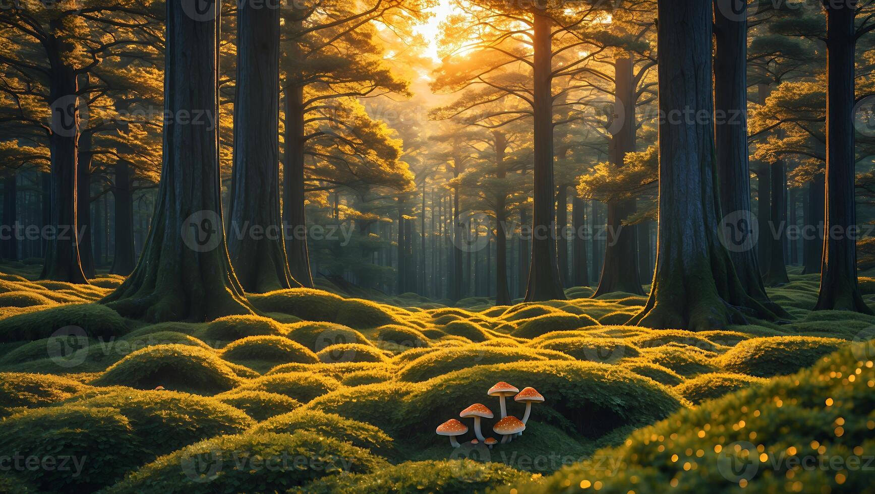 Mushrooms in Forest at Sunrise with Mossy Ground and Tall Trees photo