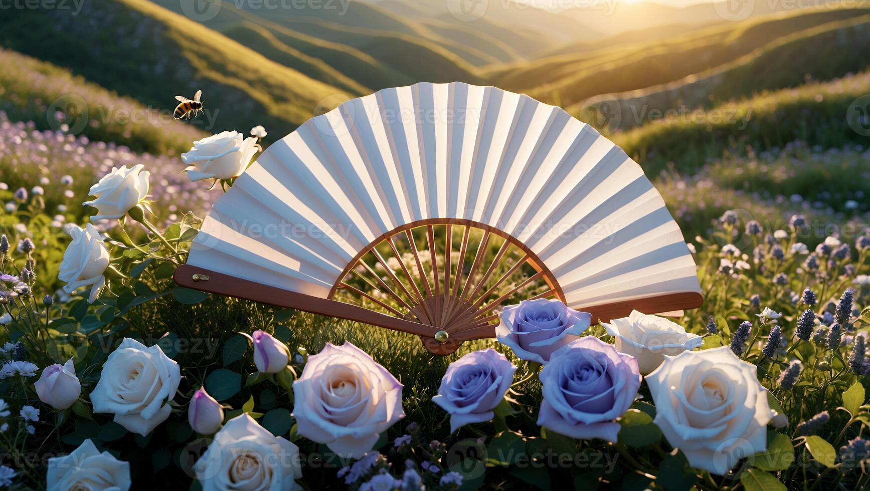 Folding Fan Amidst Roses and Lavender in a Rolling Landscape photo