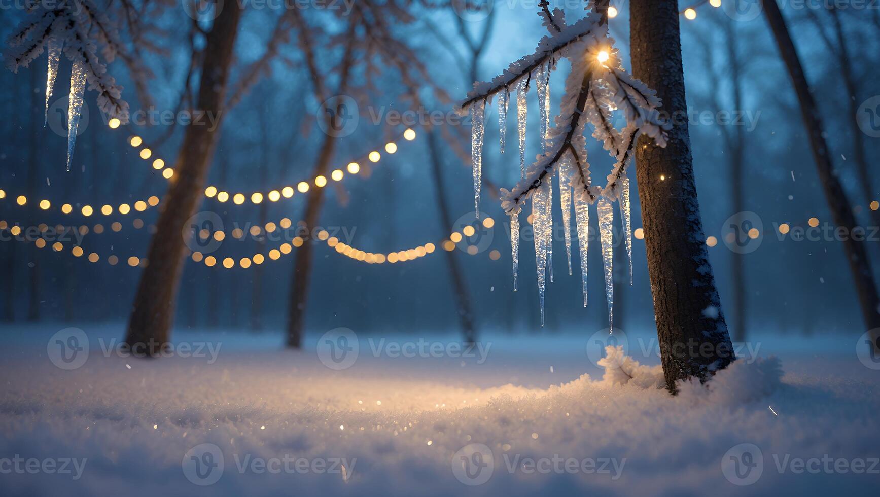 Winter Forest Scene with Icicles and Glowing Lights on Trees photo