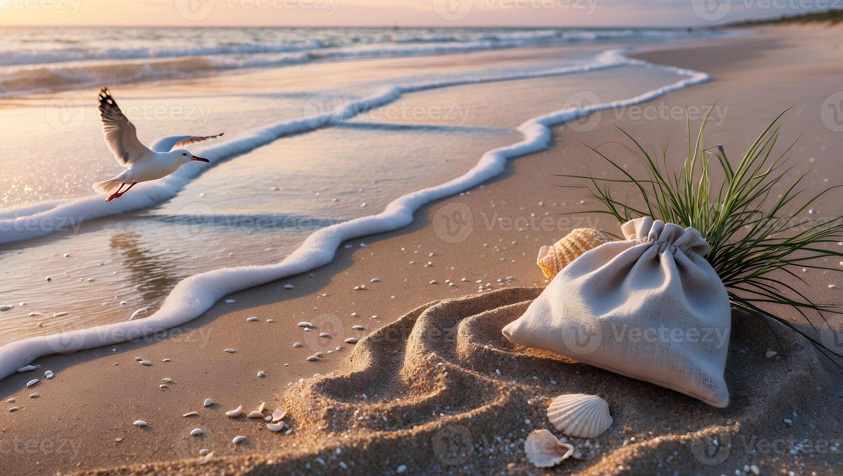 A bag of sand on the beach with a seagull flying by photo