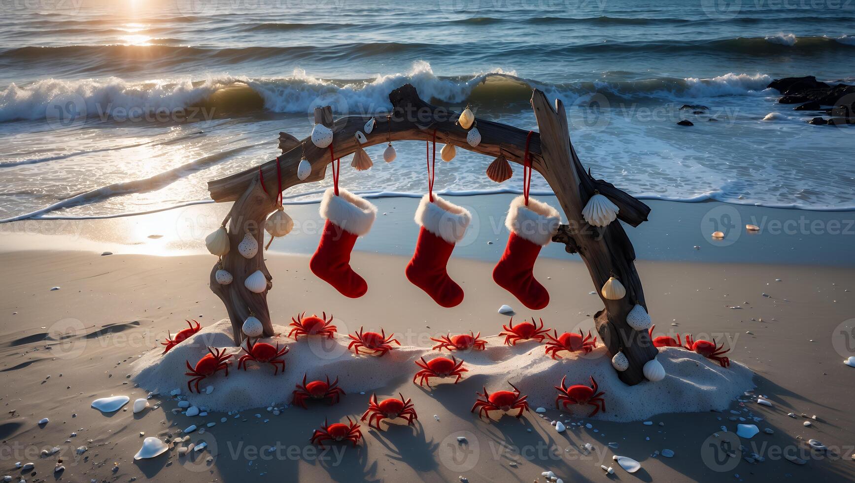 Christmas Stockings Hanging on Beach Branch with Crab Gathering Scene photo