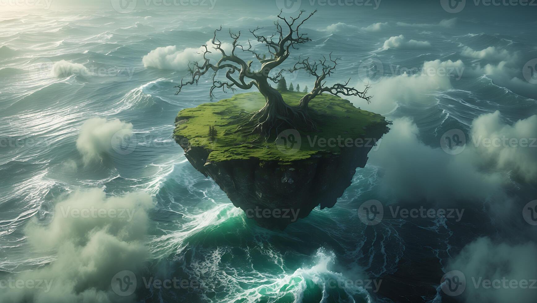 Floating Island with Bare Tree in Ocean with Misty Clouds photo