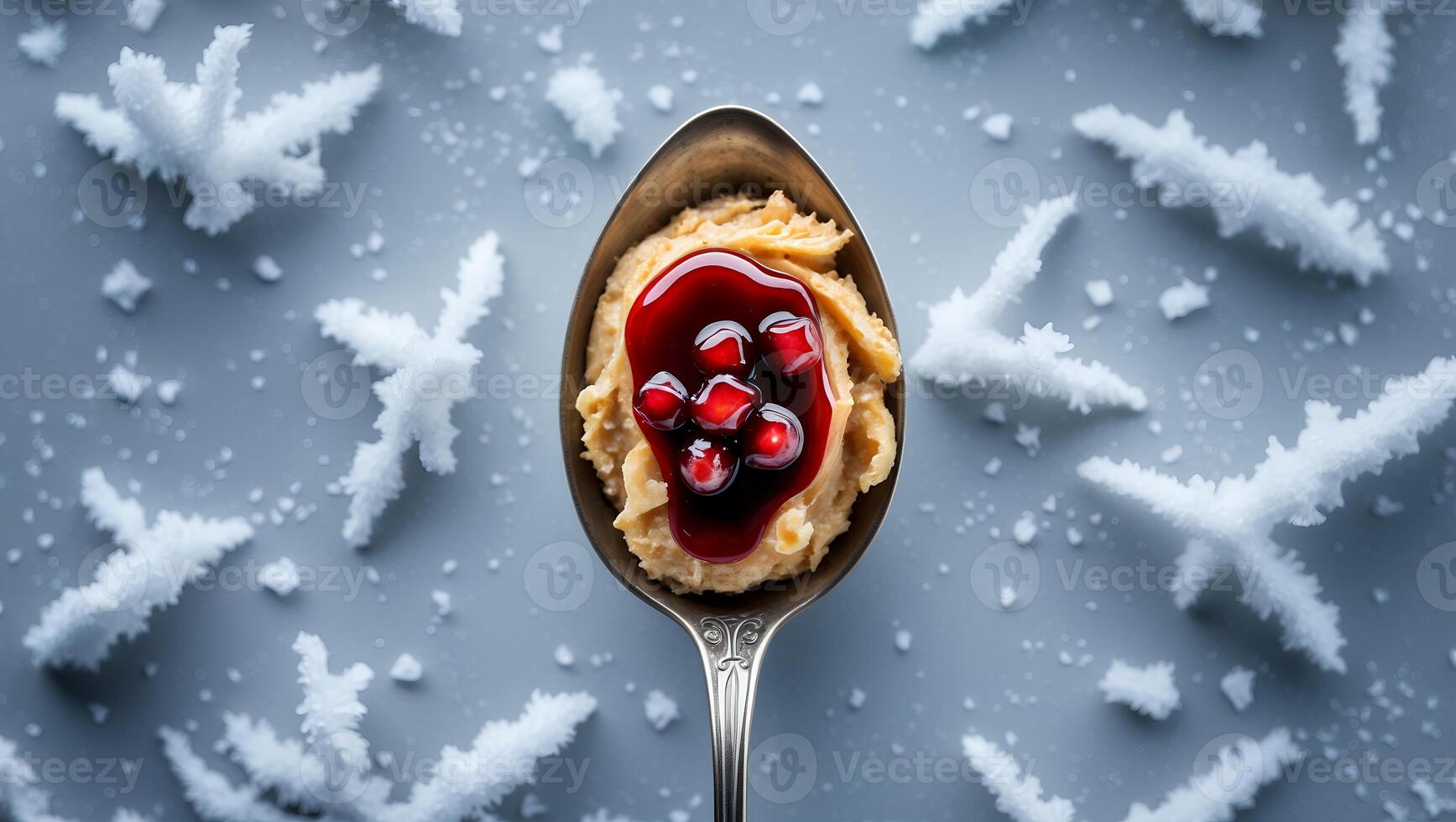 Spoon of Peanut Butter with Jam and Seeds on Winter Background photo