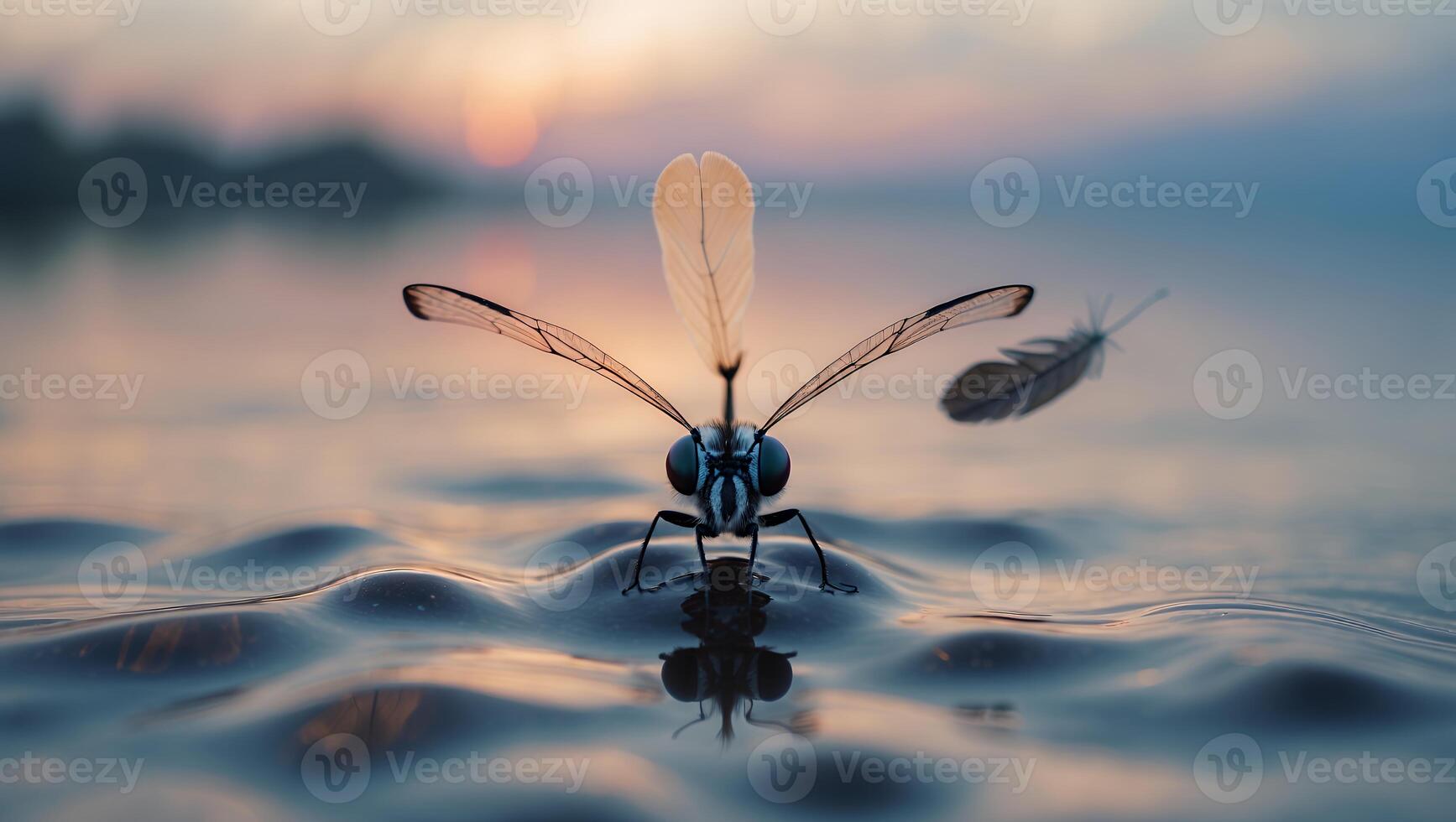 Dragonfly Landing on Water with Feather and Sunset Background photo