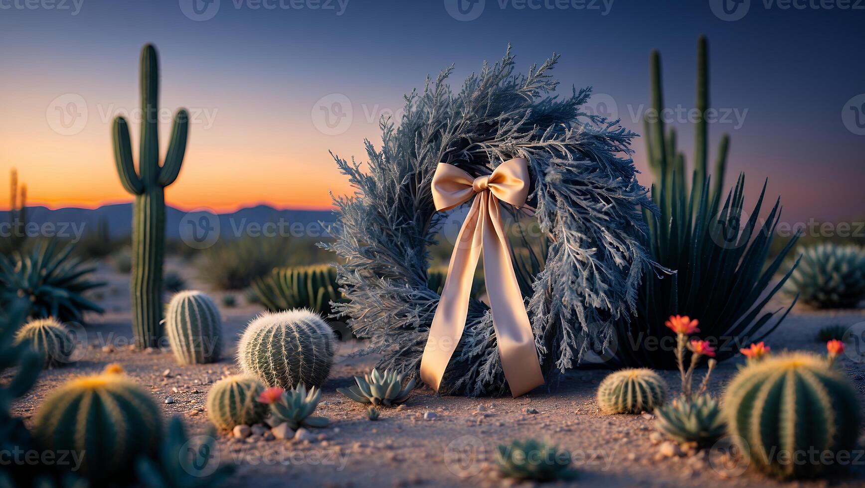 Desert Wreath Display with Ribbon and Cactus at Sunset photo