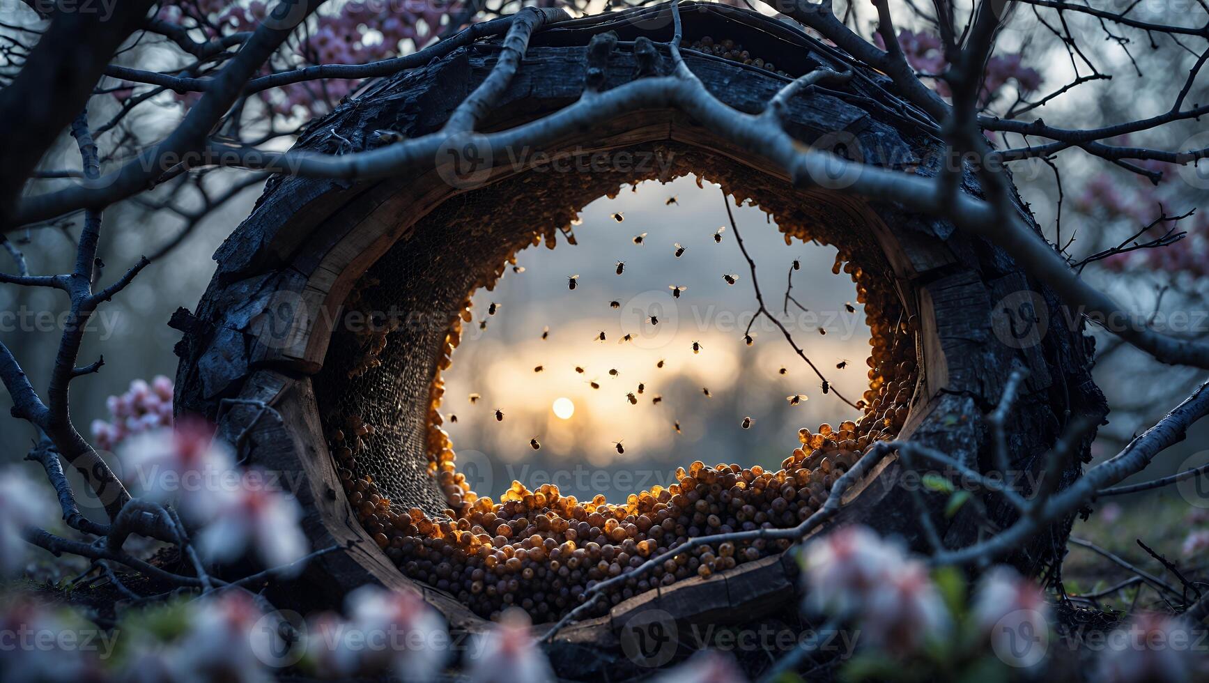 Honeybees Flying Around Natural Beehive at Sunset in Spring photo