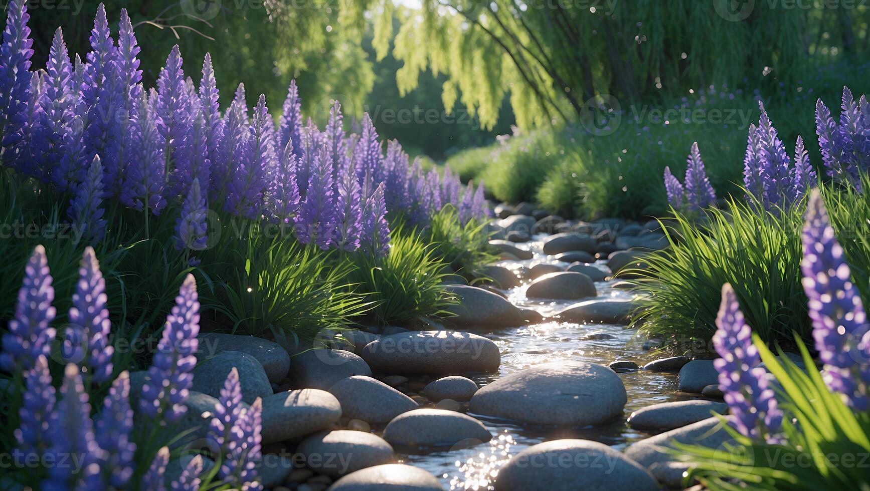 Gentle Stream Flowing Through Wildflowers and Smooth Rocks in Forest photo