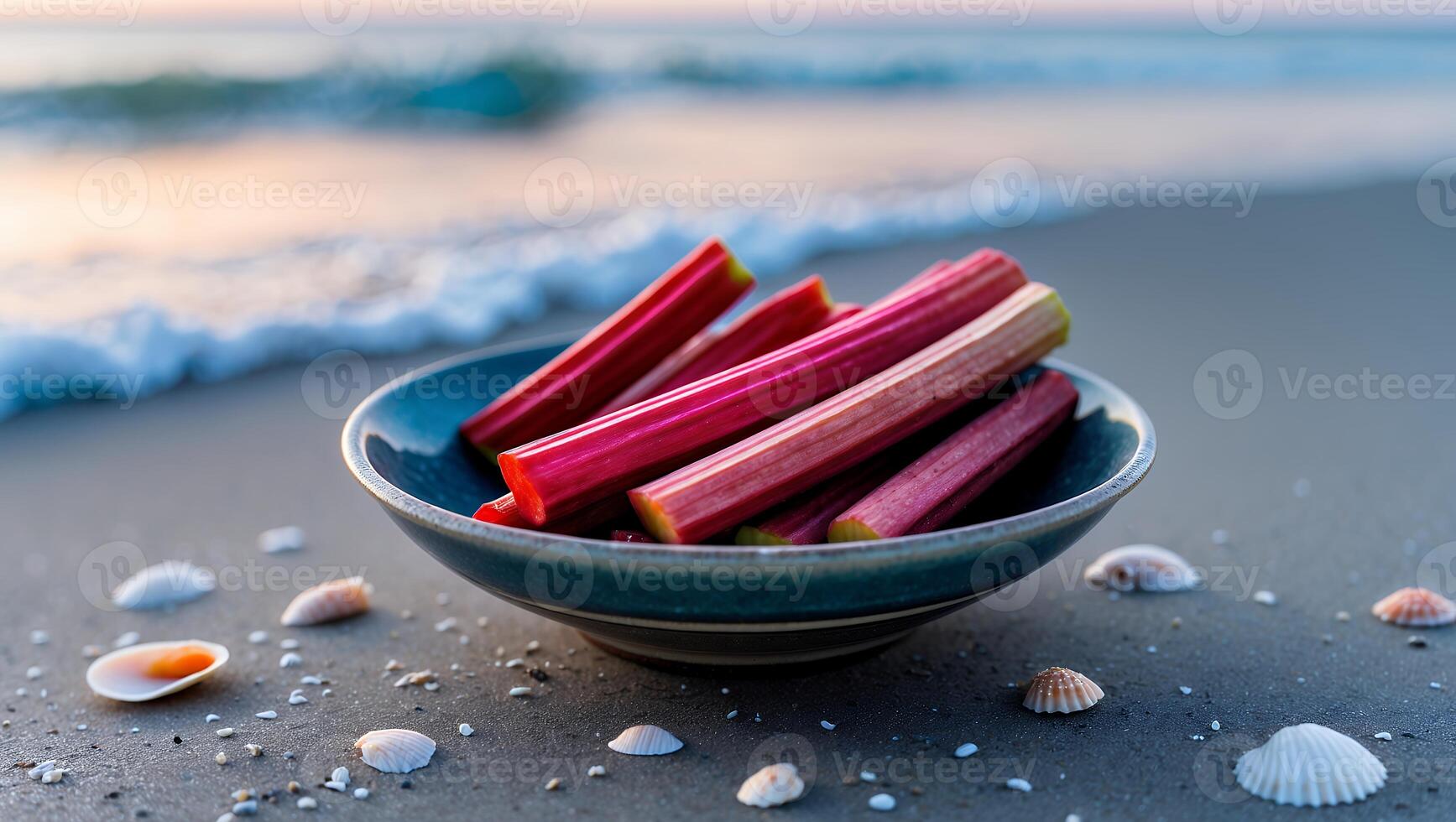 Rhubarb Sticks in Bowl on Sandy Beach with Ocean Waves photo