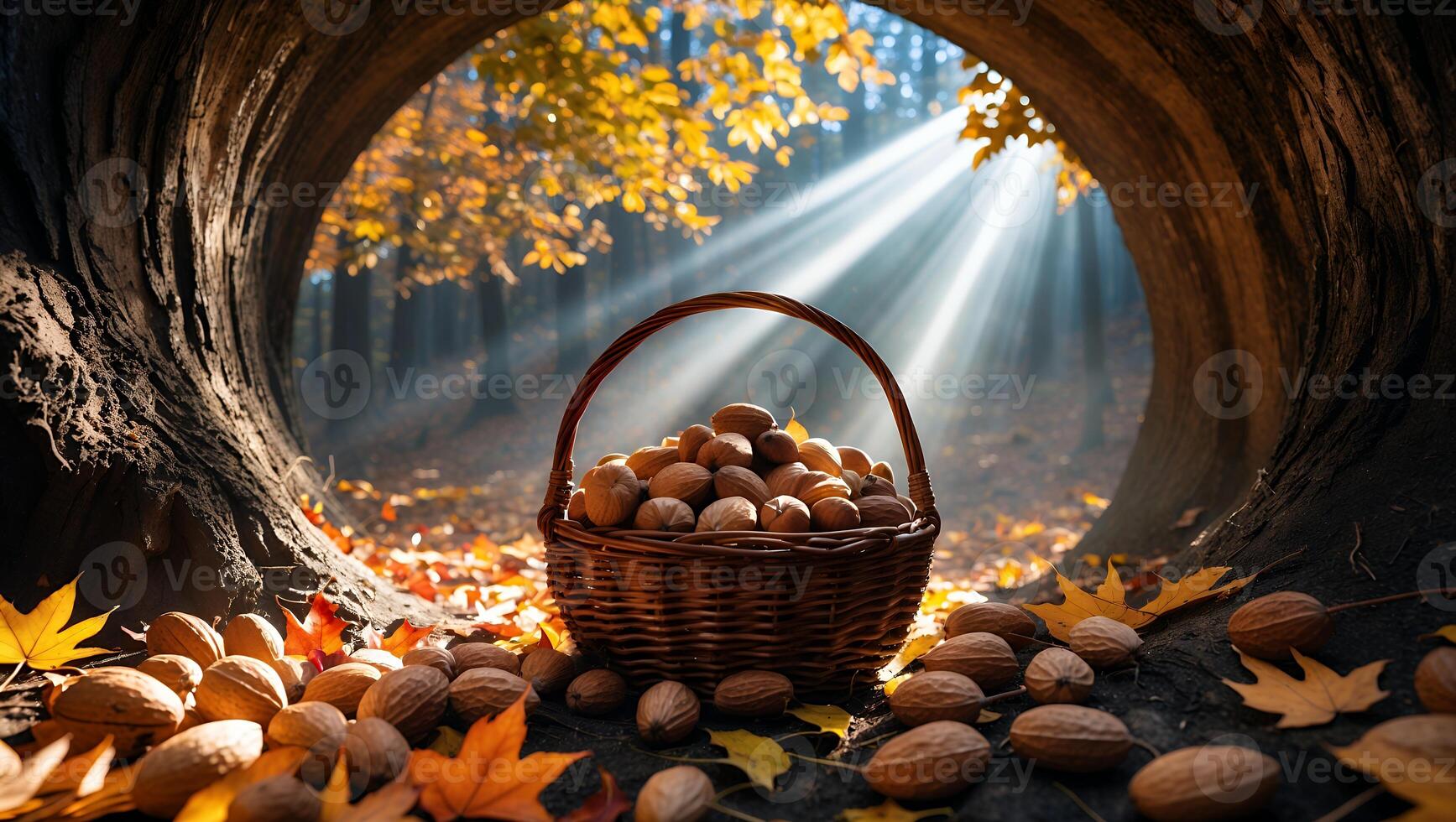 Gathering Walnuts in Wicker Basket with Autumn Leaves and Sunlight photo