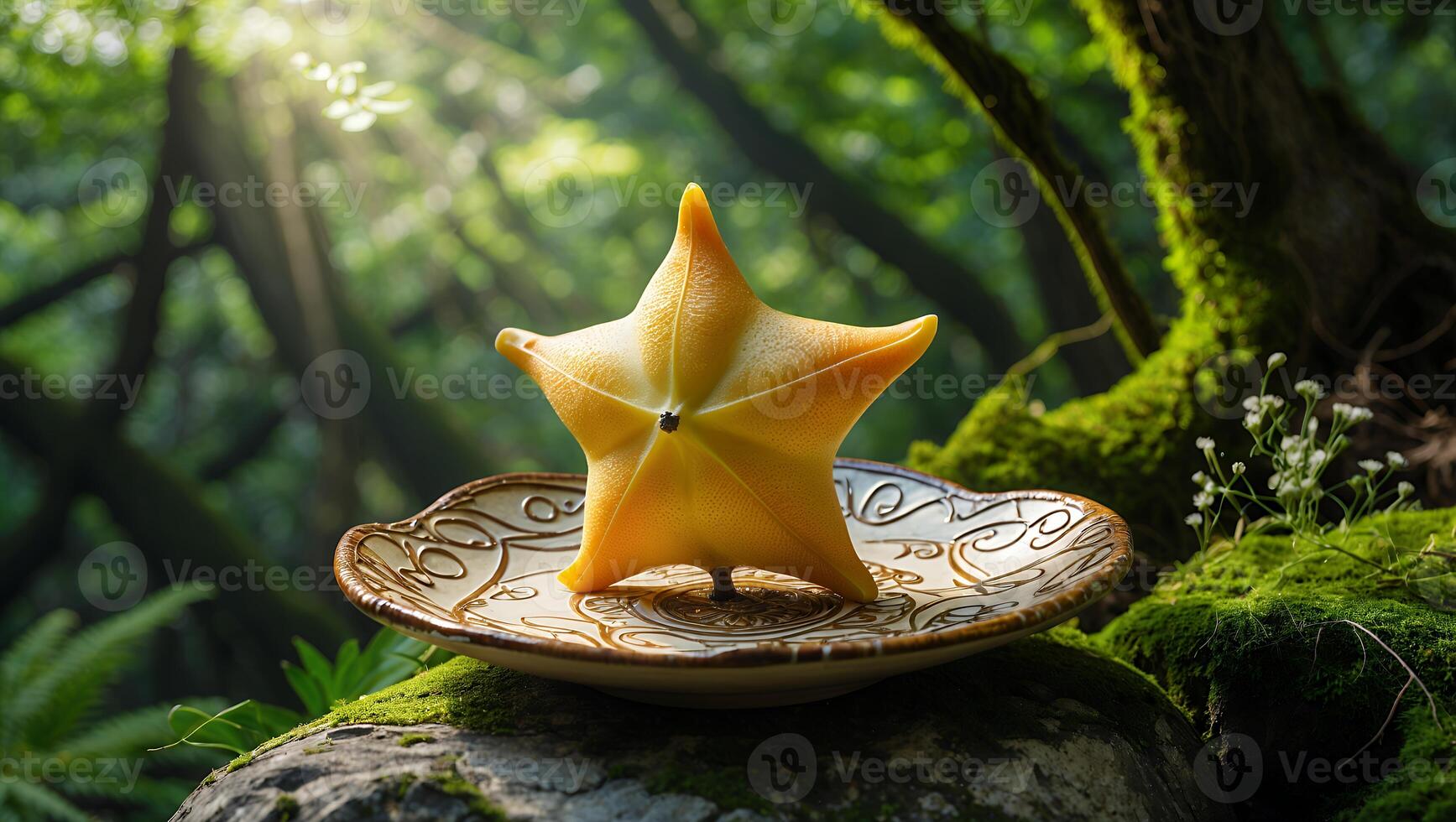 Star Fruit on Plate in Forest with Sunlight Streaming Through Trees photo