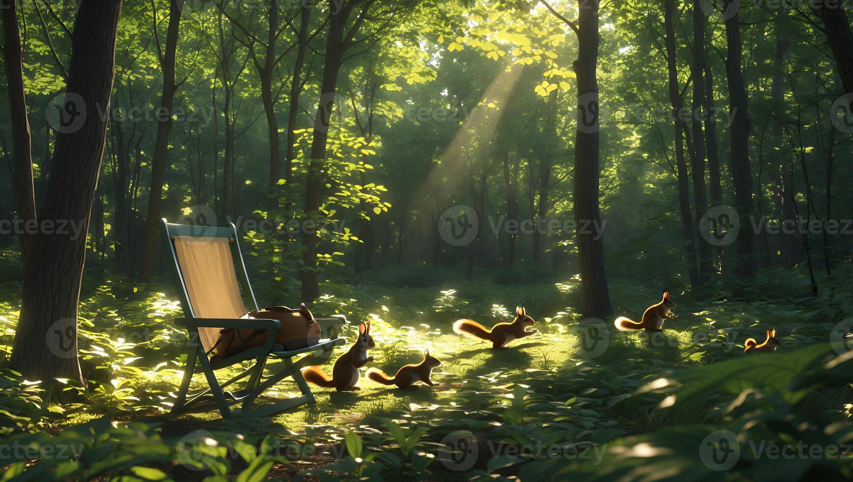 Squirrels Run Through Sunlight in a Forest Glade with Chair photo