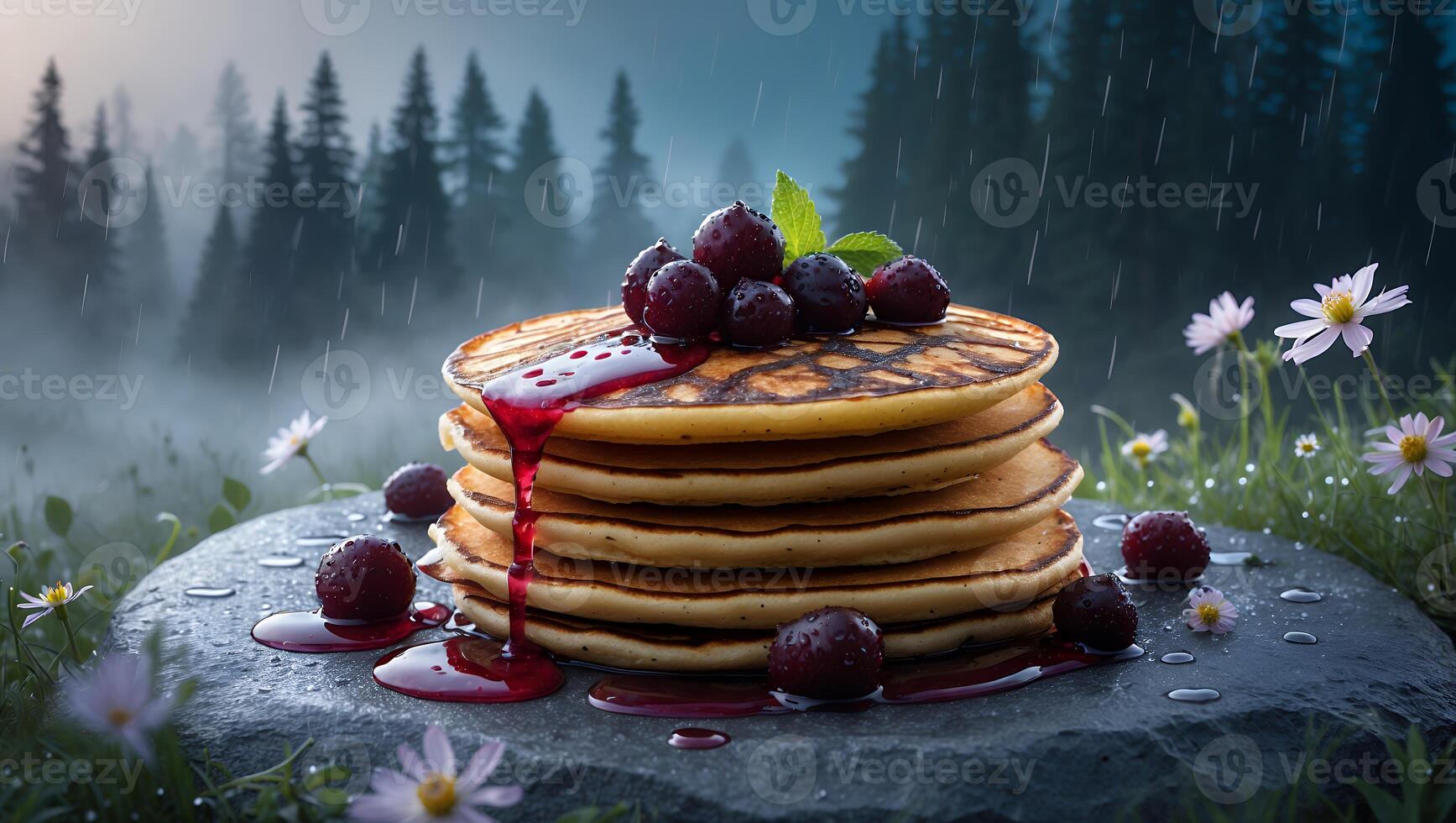 Stack of Pancakes with Berries and Syrup in Rainy Forest Setting photo