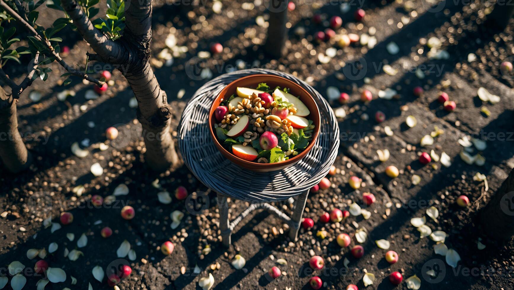 Serving of Apple and Walnut Salad on a Wicker Table Outdoors photo