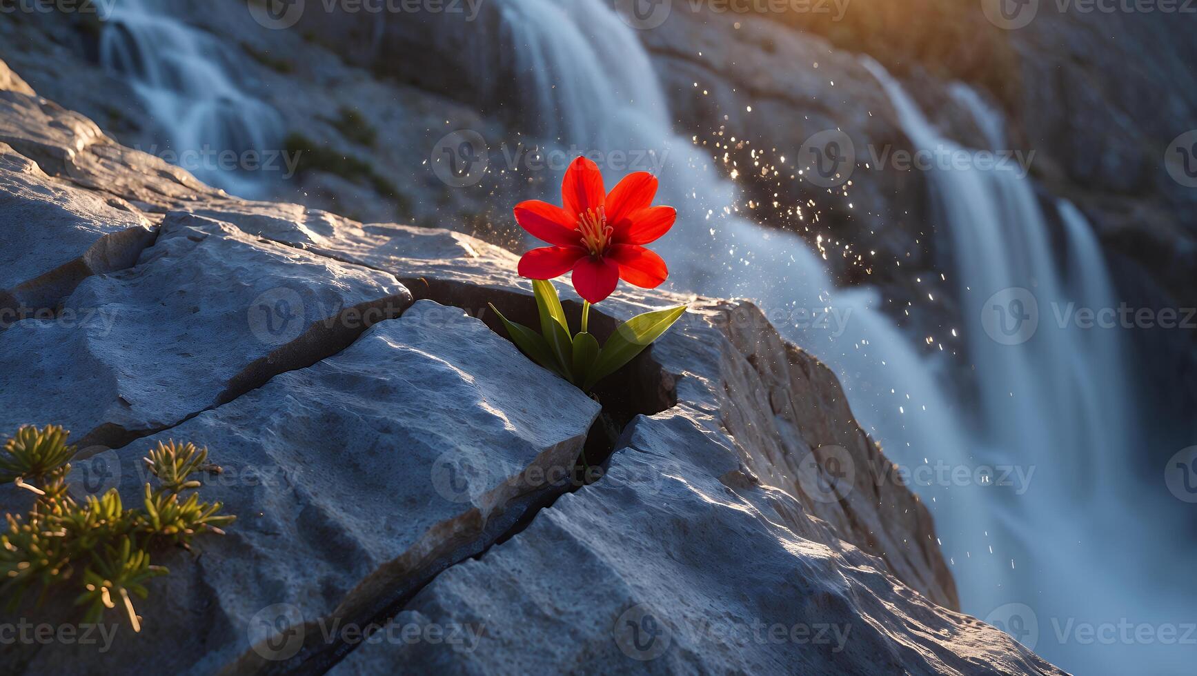 Red Flower Growing in Rock with Waterfall in the Background photo