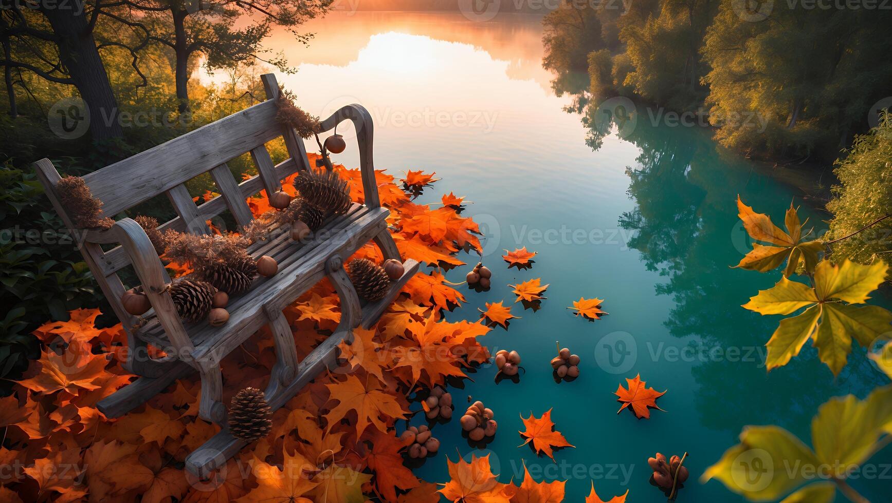Bench Overlooking Lake with Autumn Leaves and Warm Hues photo