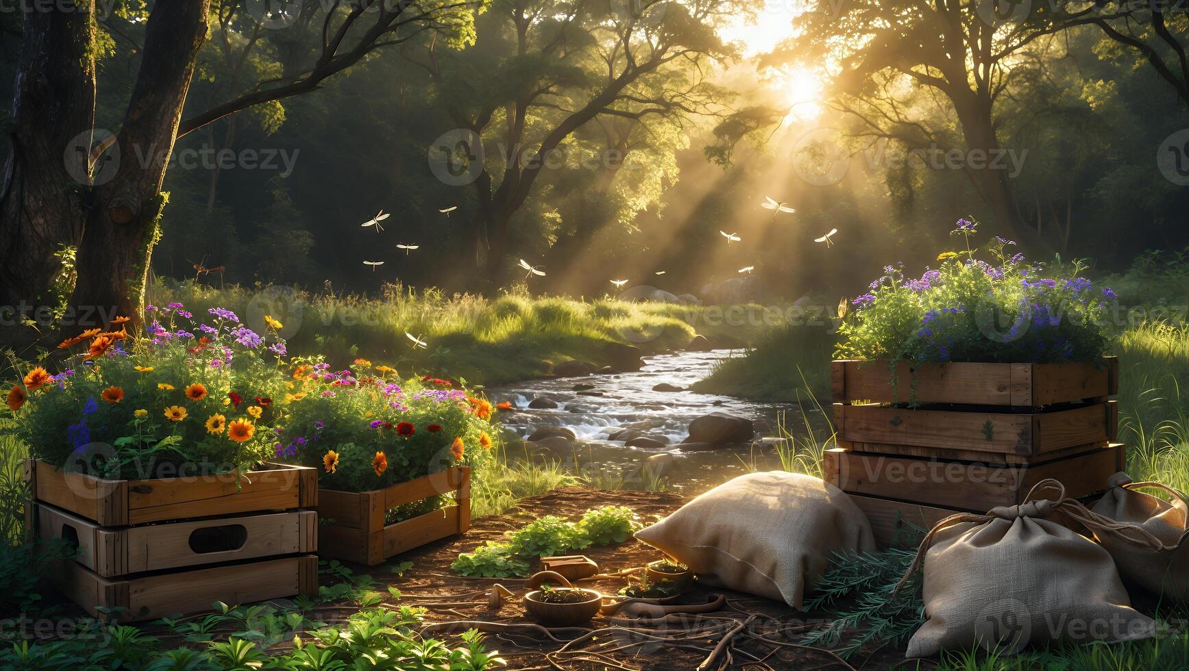 Flowers in Wood Crates by Stream at Sunrise with Dragonflies photo