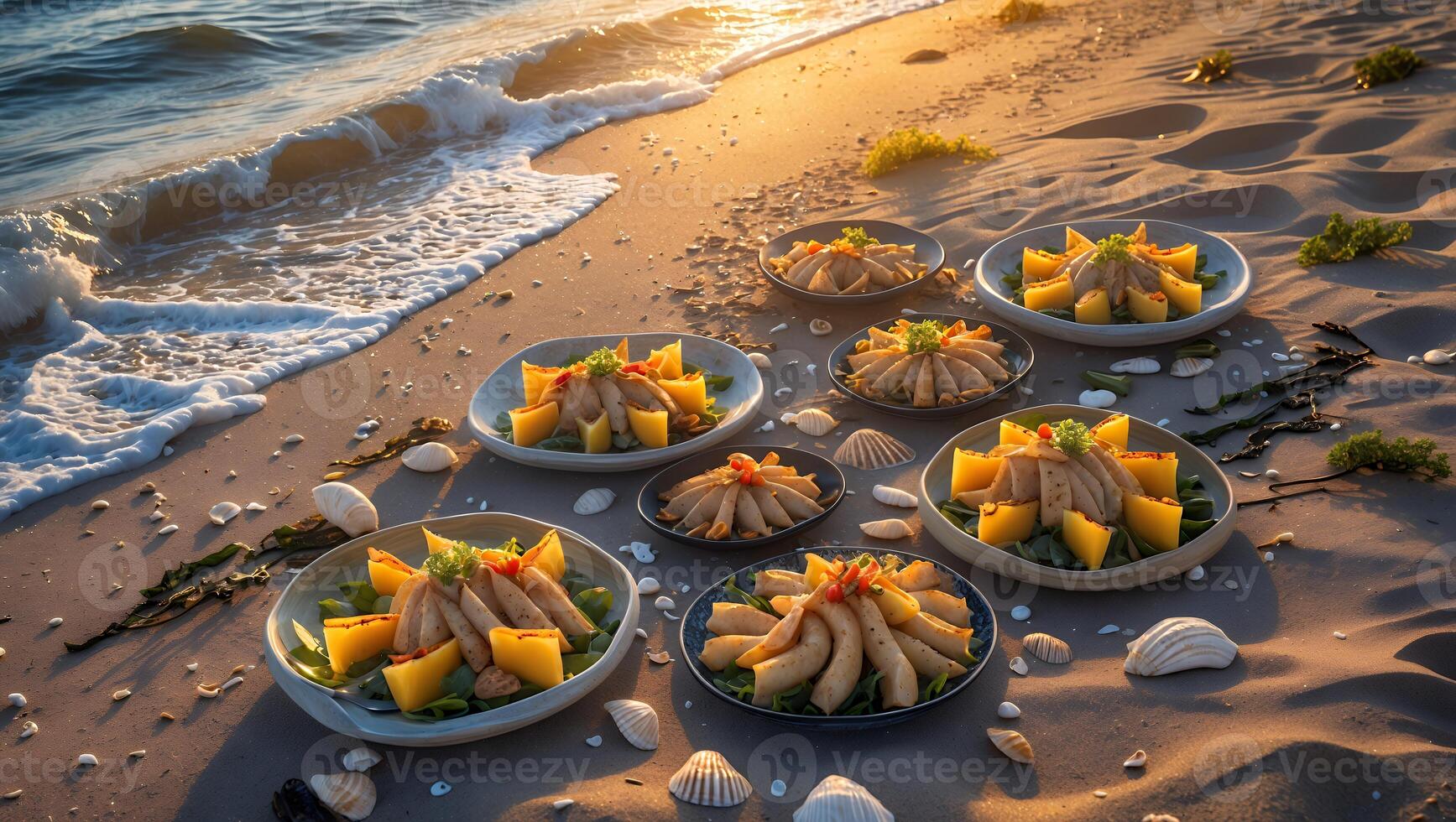 Food Presentation on Beach Sand at Sunset with Ocean Waves photo