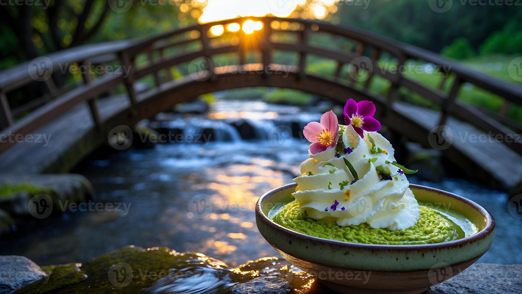 Green Dessert by River with Bridge and Flowers at Sunset photo