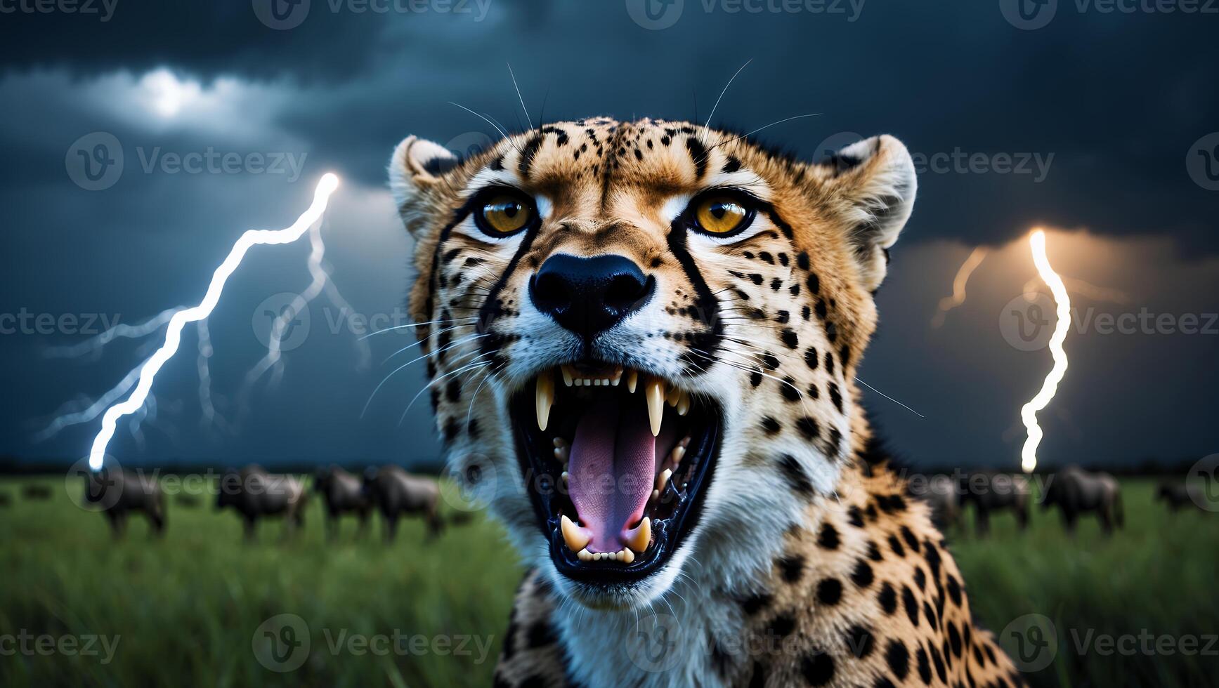 Roaring Cheetah Headshot with Dramatic Stormy Sky and Lightning Strikes photo