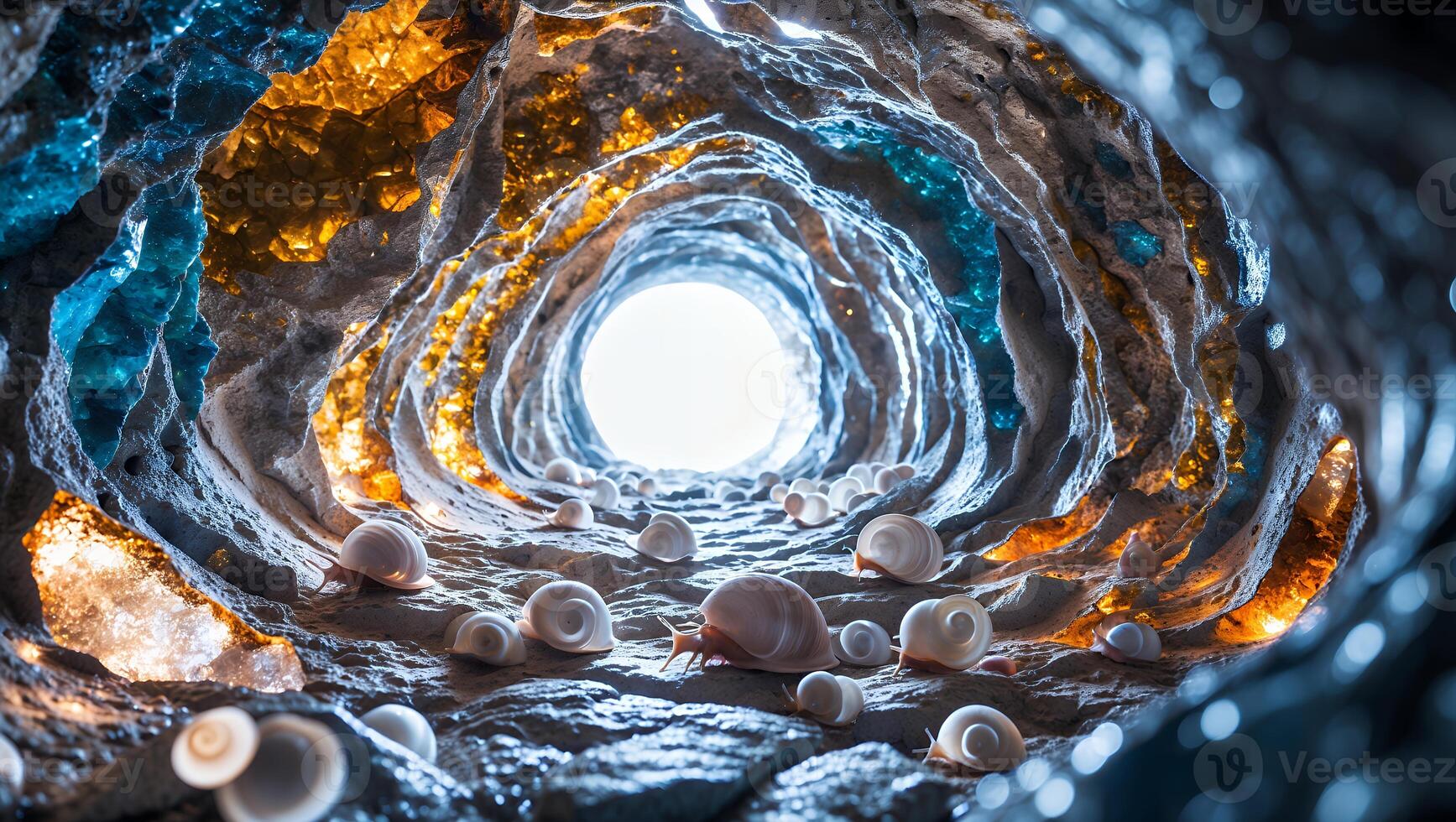 Snails Crawling in Colorful Cave Toward Light Opening photo