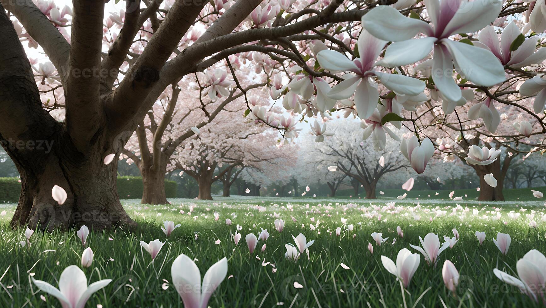 Magnolia Blossom Tree Blooms Over Green Meadow in Springtime Park photo