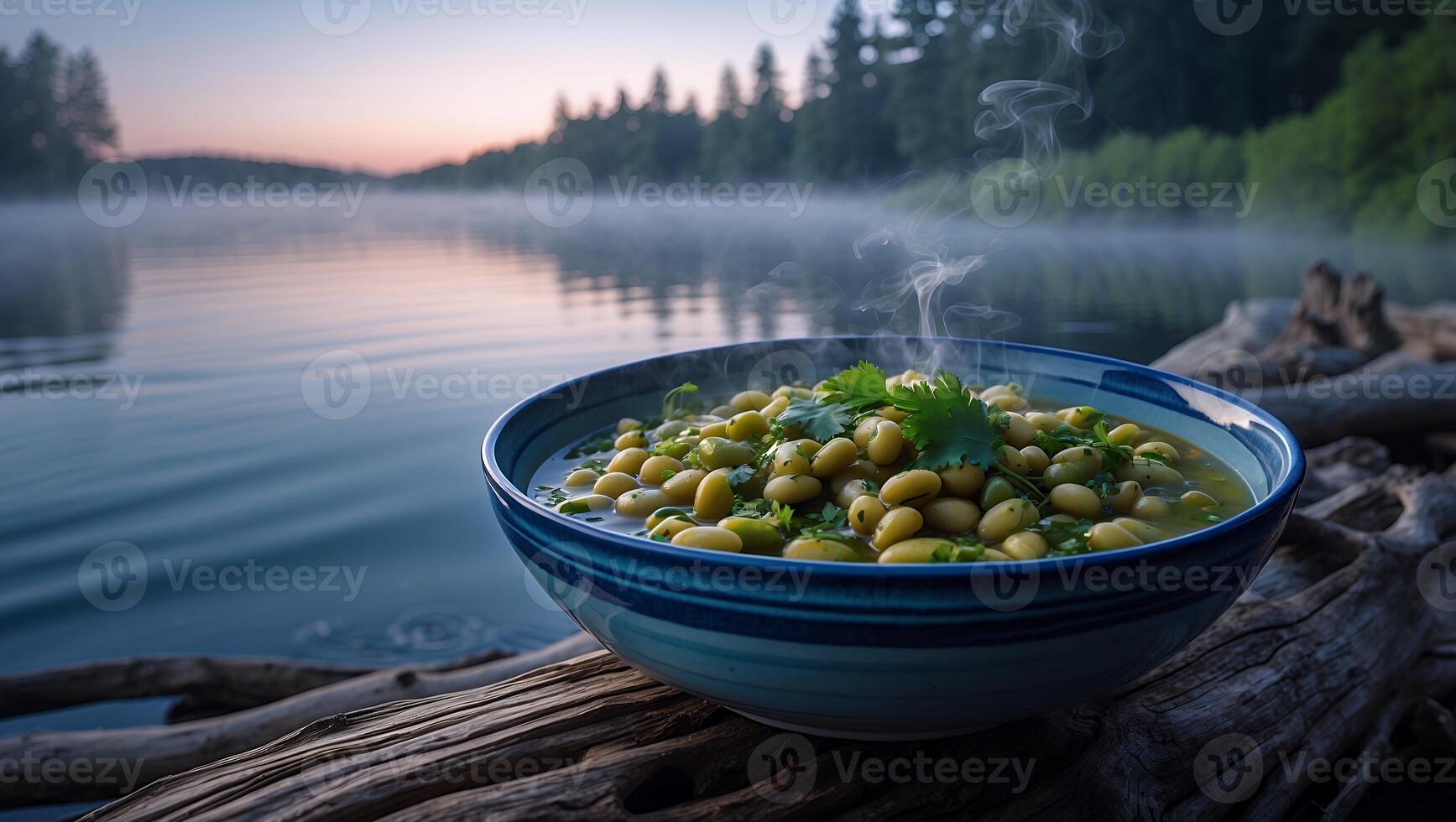Enjoying Bean Stew by Calm Lake at Sunrise with Misty Air photo