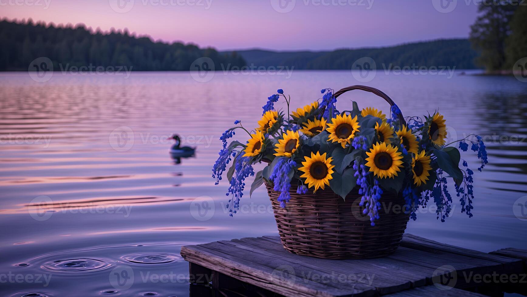 Basket of Sunflowers by Calm Lake Waters at Dusk photo