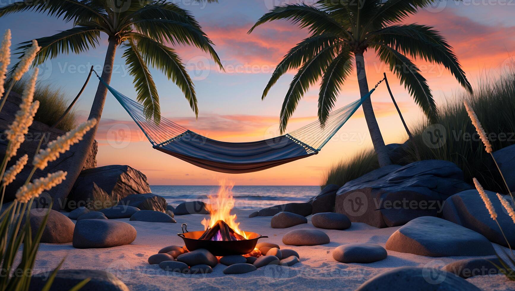 Relaxing Hammock with Bonfire on a Tropical Beach at Sunset photo