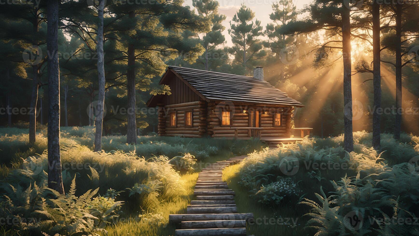 Cabin Retreat Glowing in Forest Sunlight with Wooden Stairway Path photo