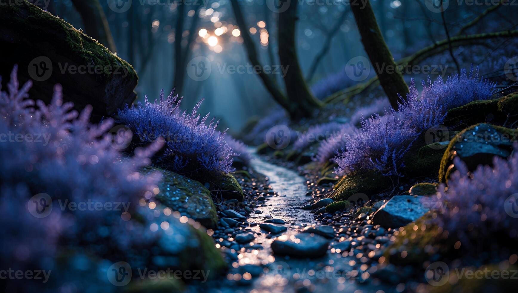 Walking Along Forest Stream Path with Sunlight and Purple Flowers photo