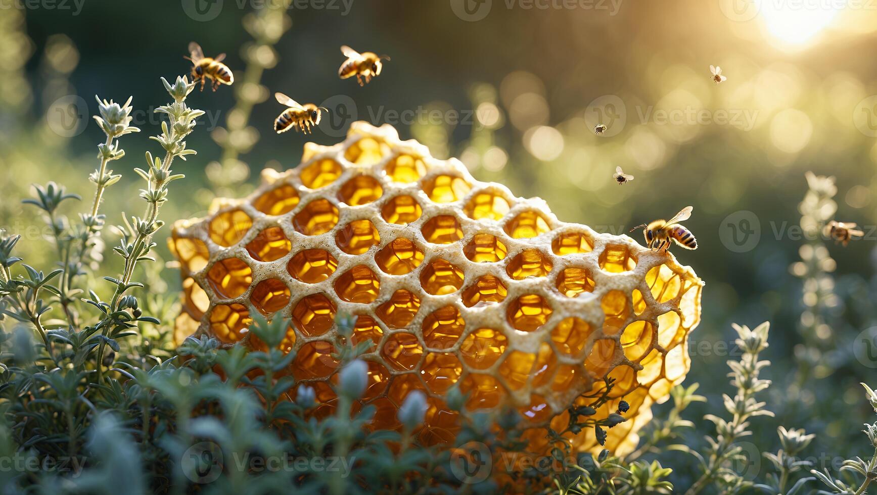 Bees Flying Around Honeycomb in Meadow with Warm Sunlight photo