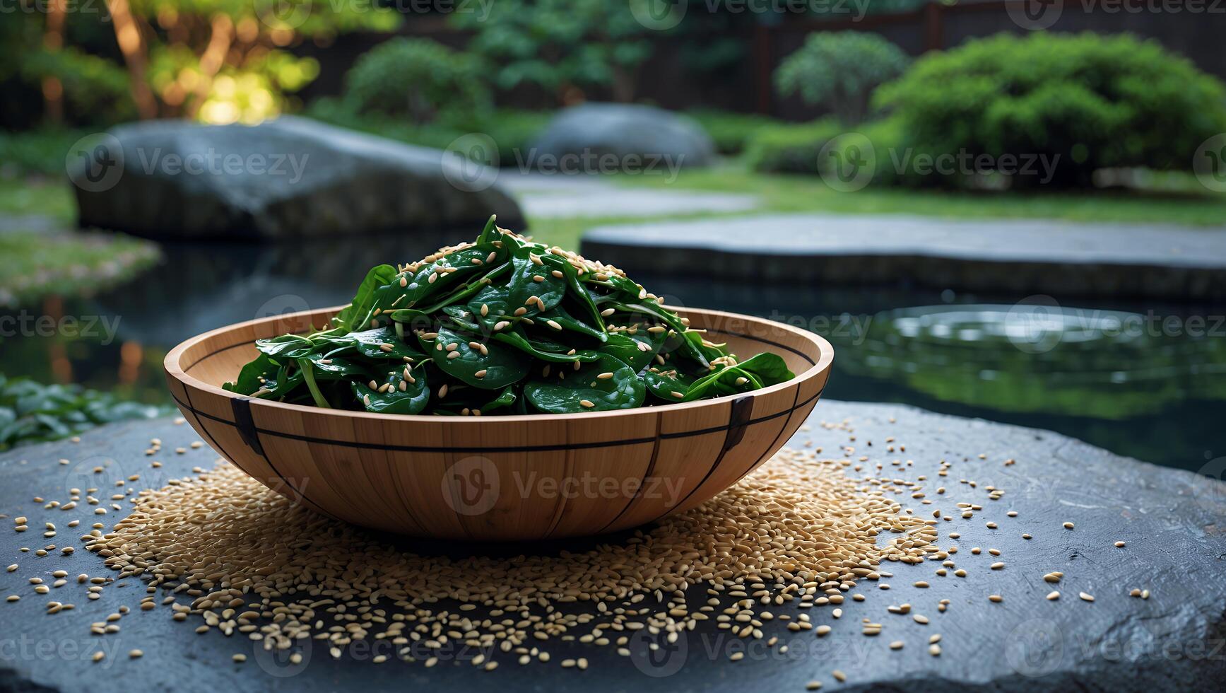 Spinach Salad in Wooden Bowl with Sesame Seeds on Stone Slab photo