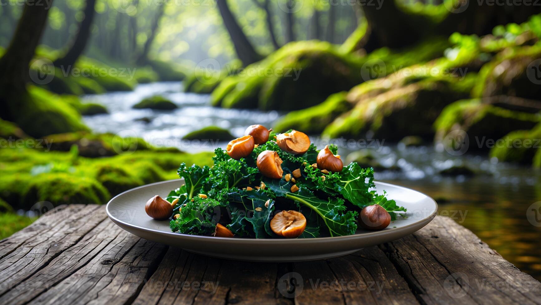 Serving Kale Salad with Hazelnuts on Rustic Wood Near Stream photo