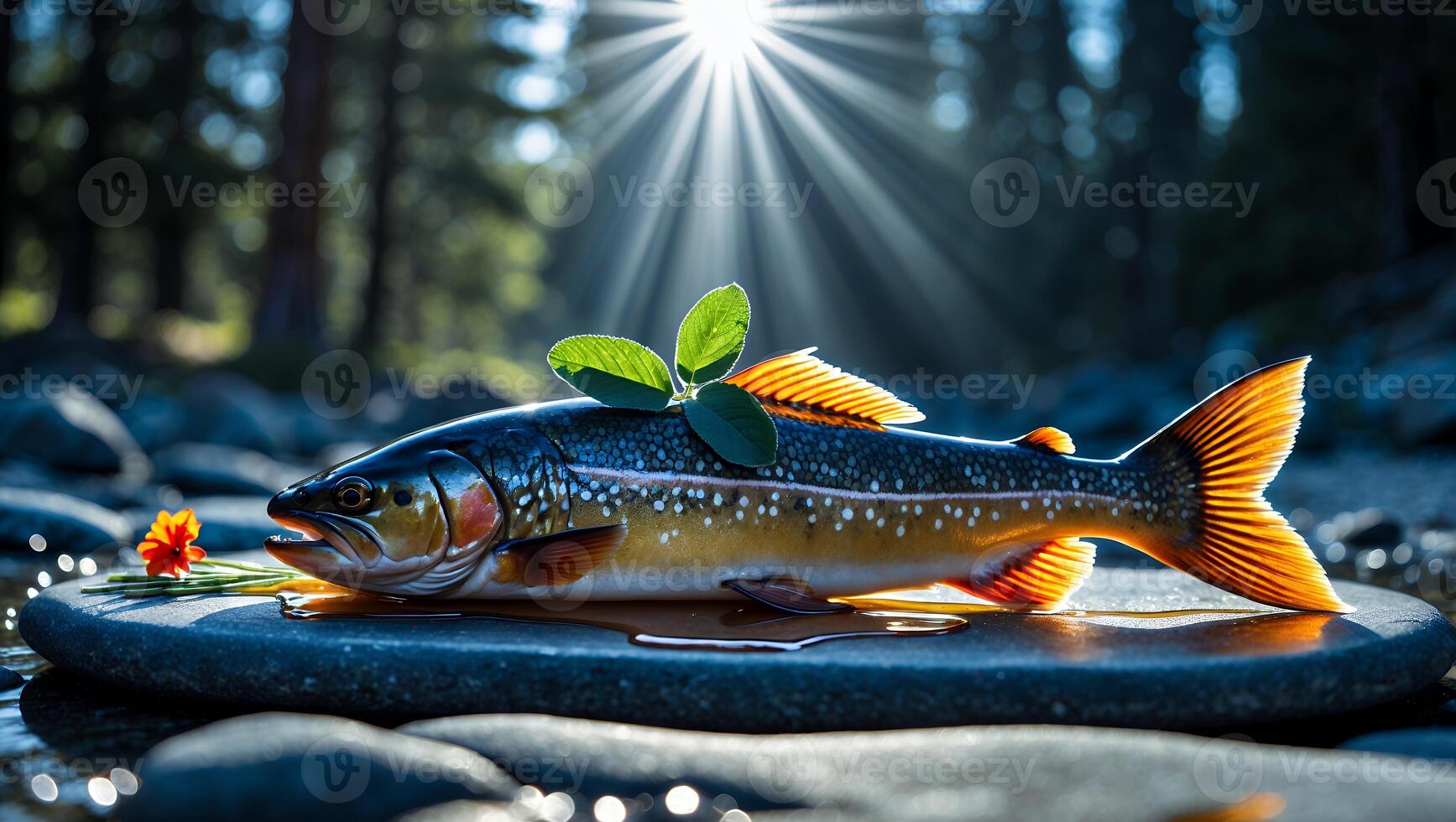 Freshly Caught Fish Displayed on Stone Slab with Natural Decoration photo