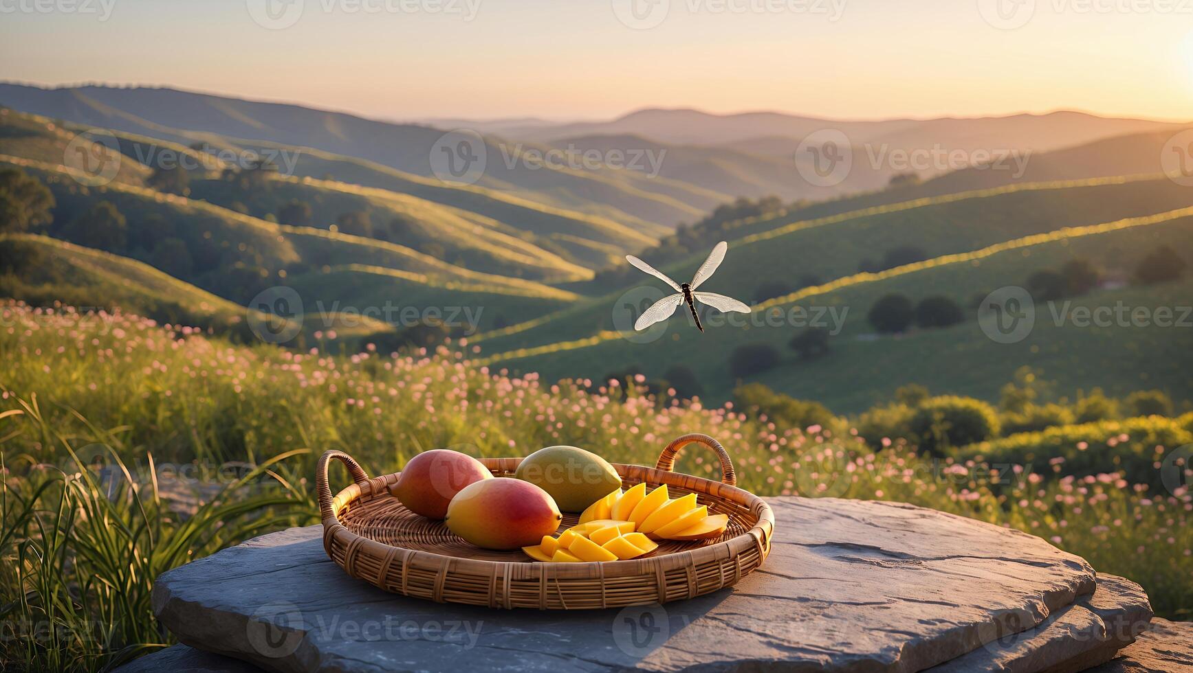 Mango Fruit Tray Atop Stone with Dragonfly and Scenic Landscape photo