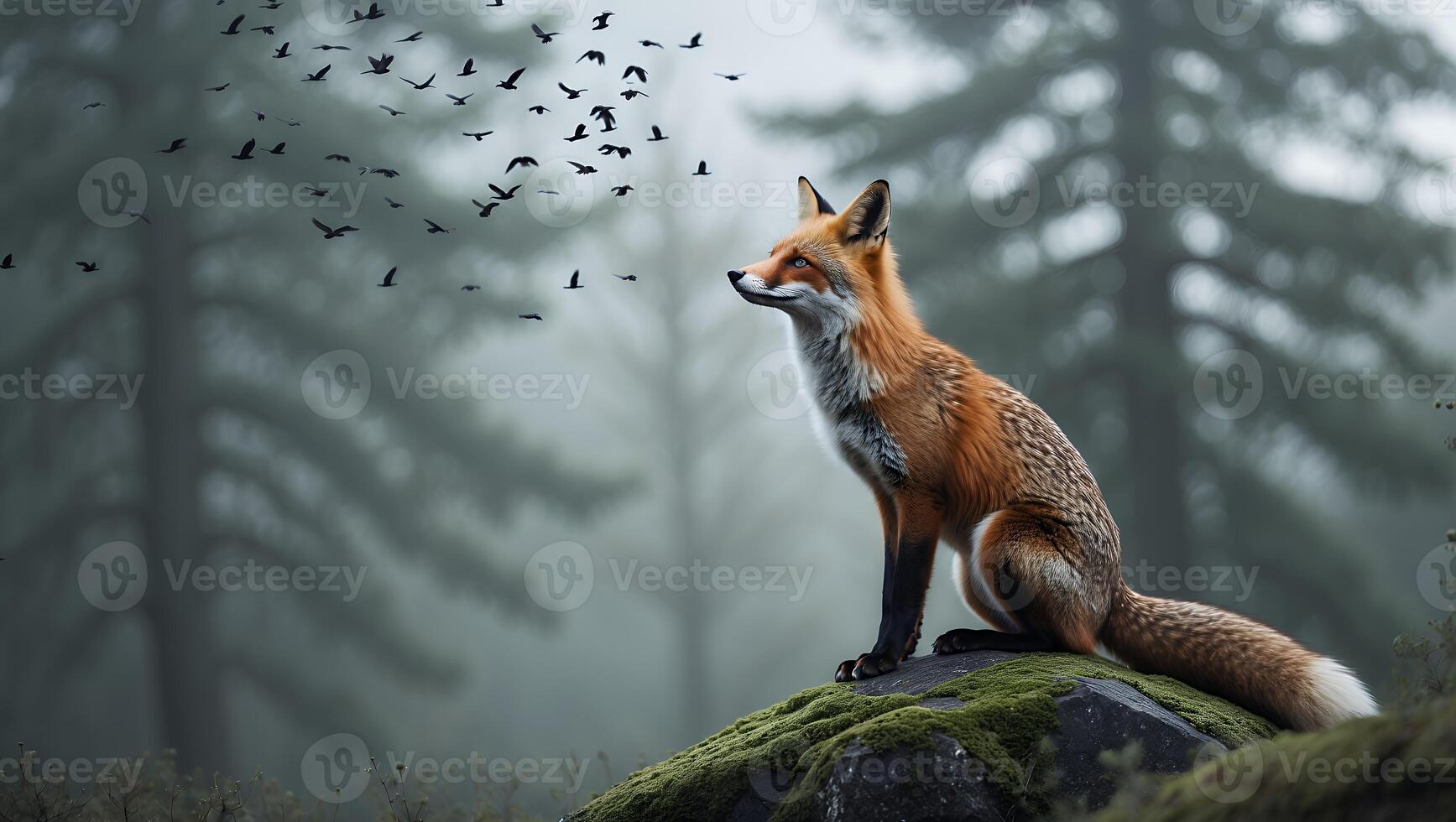 Fox Sitting on Mossy Rock Watching Birds Fly in Forest photo