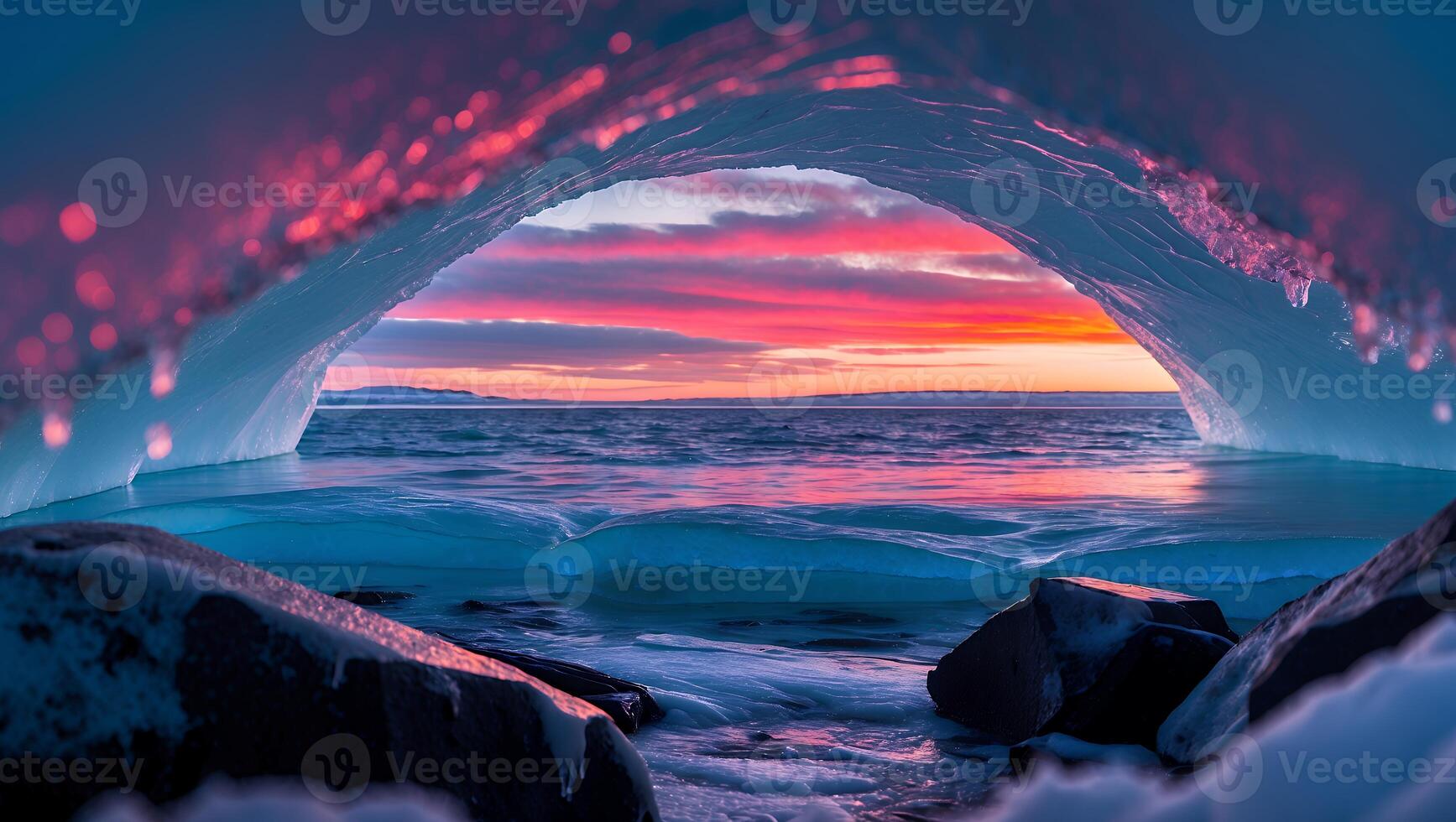 Ice Cave Framing Ocean Sunset with Vibrant Sky and Water photo
